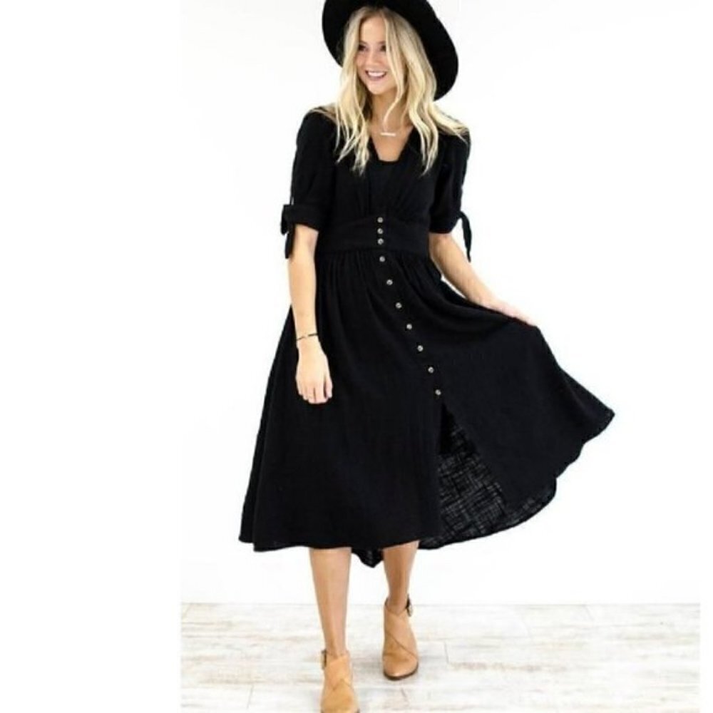 Free People Black Midi Button-Front Dress - Picture 4 of 14